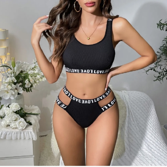 Sexy Women's 2 Piece Love Letter Print Ribbed Knit Lingerie Set Bra and Panty US - Picture 4 of 10